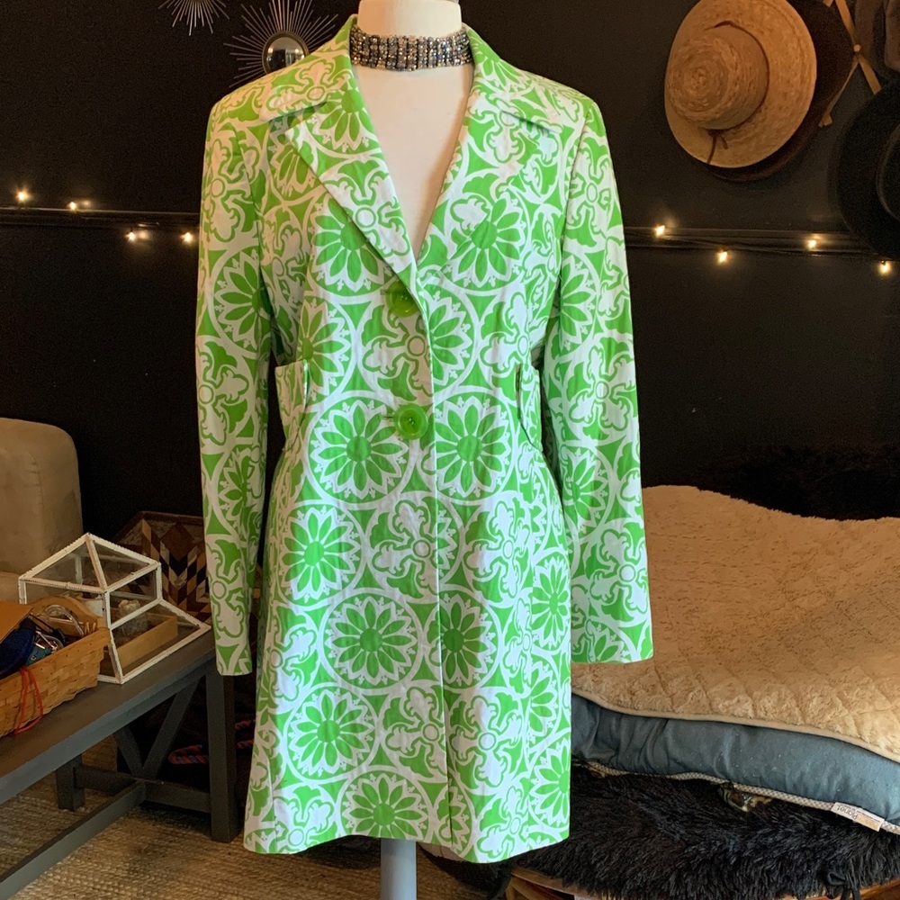 Vibrant Vintage-Inspired Green Floral Women's Blazer by Margaret Frances